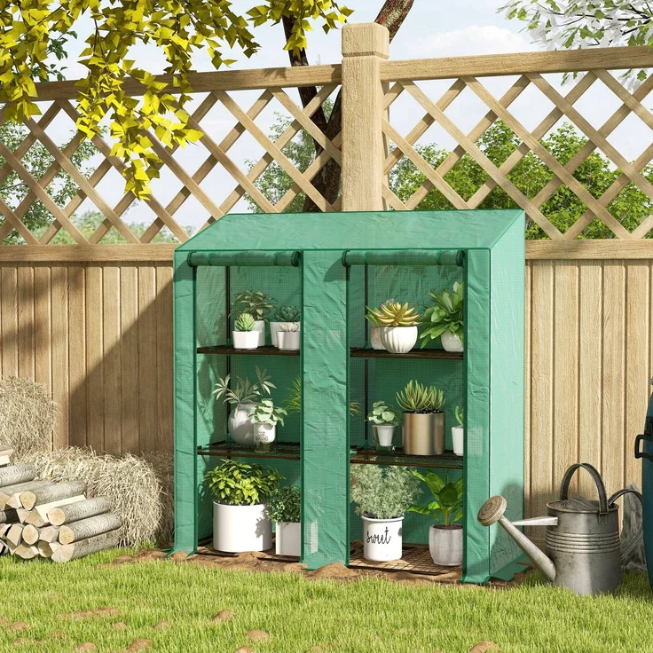 MELAYR, 3-stöckiges Gartengewächshaus mit Regalen, geneigtem Dach und Reißverschlusstüren, 143 x 46 x 141/151 cm, Grün – Bild 4