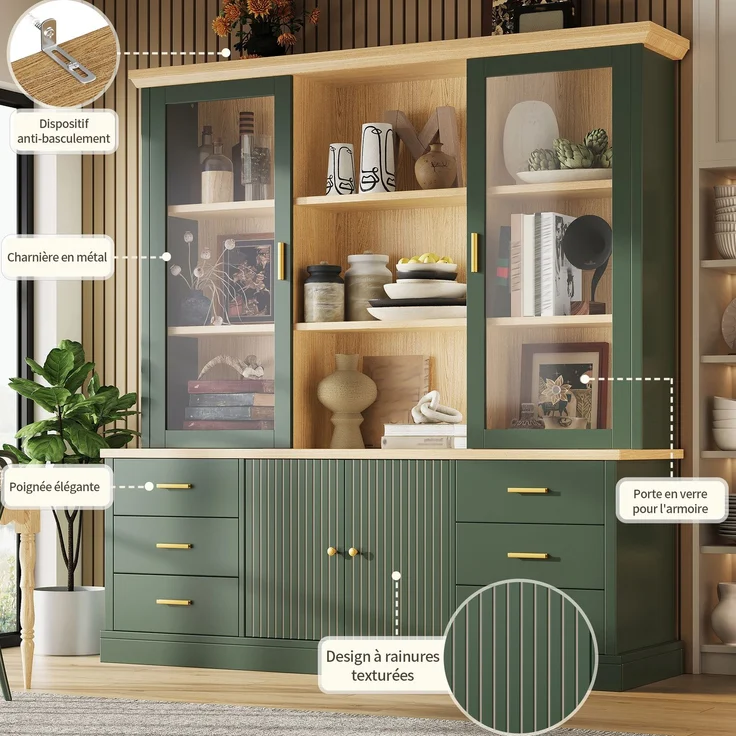 Hochschrank mit Glasvitrinen, 6 Schubladen & verstellbaren Böden, 140x40x185 cm, Grün – Bild 2