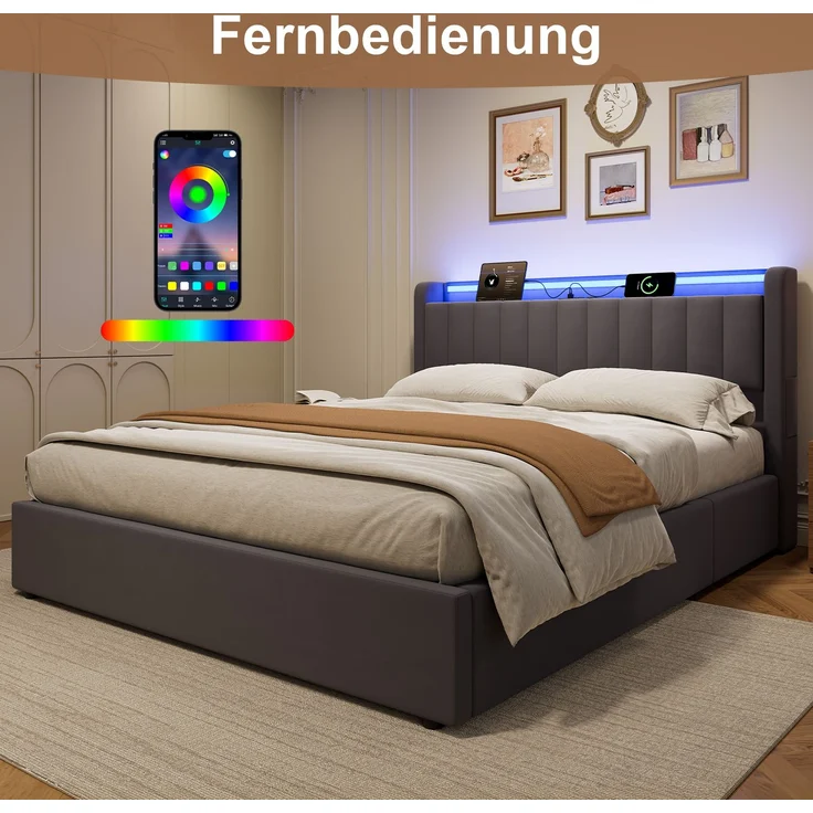 Polsterbett 160 x 200 cm aus Samt mit Stauraum, USB-Anschluss und LED-Beleuchtung, Dunkelgrau – Bild 9