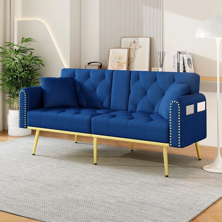 ZUBALIYA Schlafsofa 80x73.5 cm, mit LED - Beleuchtung, mit Stauraum, mit Samtbezug, mit breiten Armlehnen, Gold – Bild 3