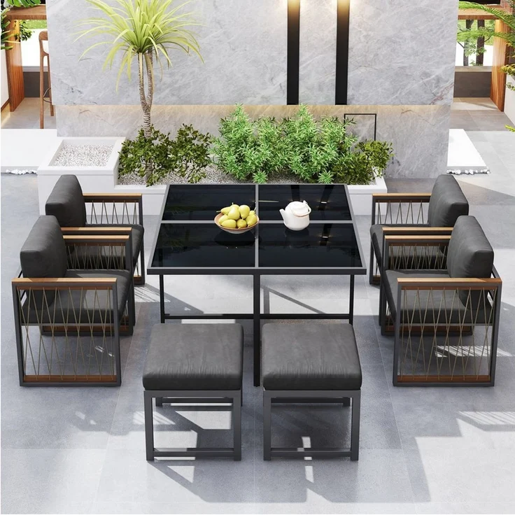 Celya Garten-Essgruppe 7-teiliges Esstisch- und Stuhlset für den Außenbereich für 6 Personen, (geeignet für Mahlzeiten im Hinterhof, Gartenterrasse), Tisch aus gehärtetem Glas, Handläufe aus Kunststoff und Holz – Bild 3