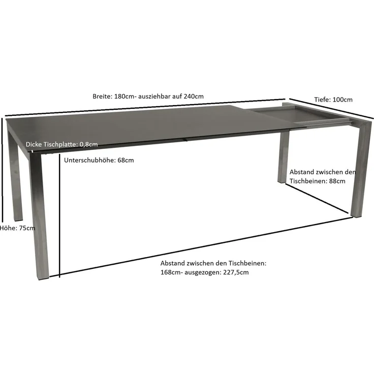 DEGAMO SYDNEY Garten-Ausziehtisch, Edelstahl + Glas, grau, 180/240x100cm – Bild 2