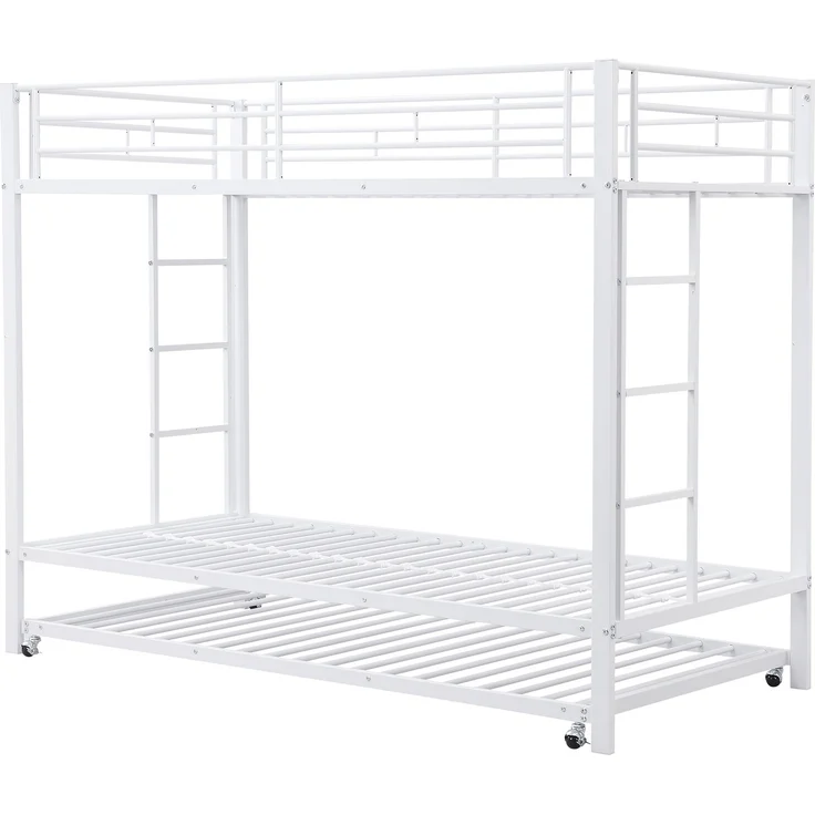 Etagenbett 90x200 cm mit ausziehbarem Rollbett, Metallrahmenbett mit hohem Sicherheitsgeländer, Kinderbett mit Doppelbettfunktion,Weiß – Bild 10