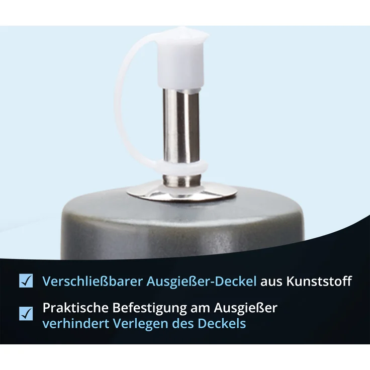 KHG Menage Set Keramik Steingut poliert, Anthrazit Grau mit Holz-Halterung für Öl Essig Salz & Pfeffer für den Tisch mit Beschriftung | Öl- & Gewürze-Vorrat 5-teilig mit Schutz-Deckel – Bild 6