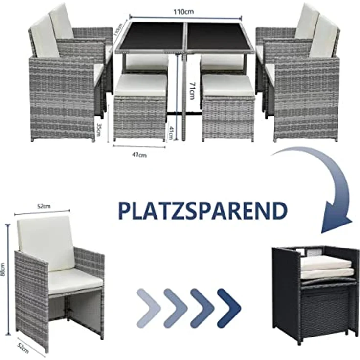 Ribelli Gartenmöbel Set 9-Teilig, Lounge Balkonmöbel aus Polyrattan, Wetterfest Sitzgruppe, Sitzgarnitur mit Sofa, Esstisch, Outdoor Kissen, Hocker, für Rasen, Terrasse, Garten, Grau/Cream – Bild 6