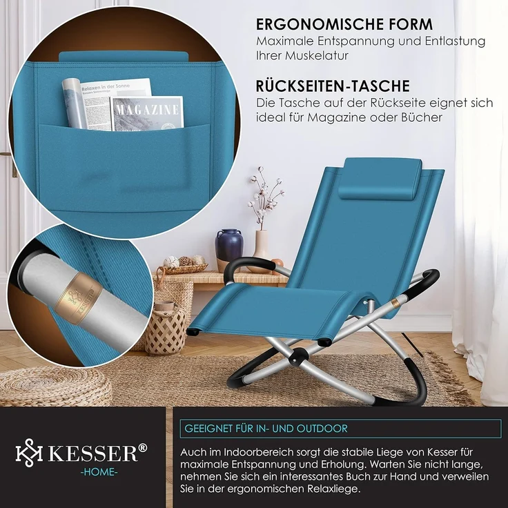 KESSER® Relaxliege Liegestuhl | Gartenliege | Gartenstuhl | Klappstuhl faltbar | Schwungliege | Schaukelsessel | ergonomische Relaxsessel | wetterfest | 180 kg Belastung | 174 x 78 x 89 cm Petrol Blau – Bild 6