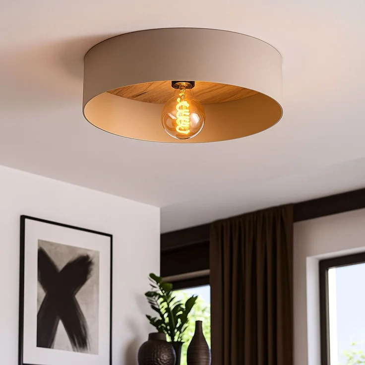 LED Deckenleuchte, Stahl, Holz, Taupe, Messing, D 42 cm – Bild 3