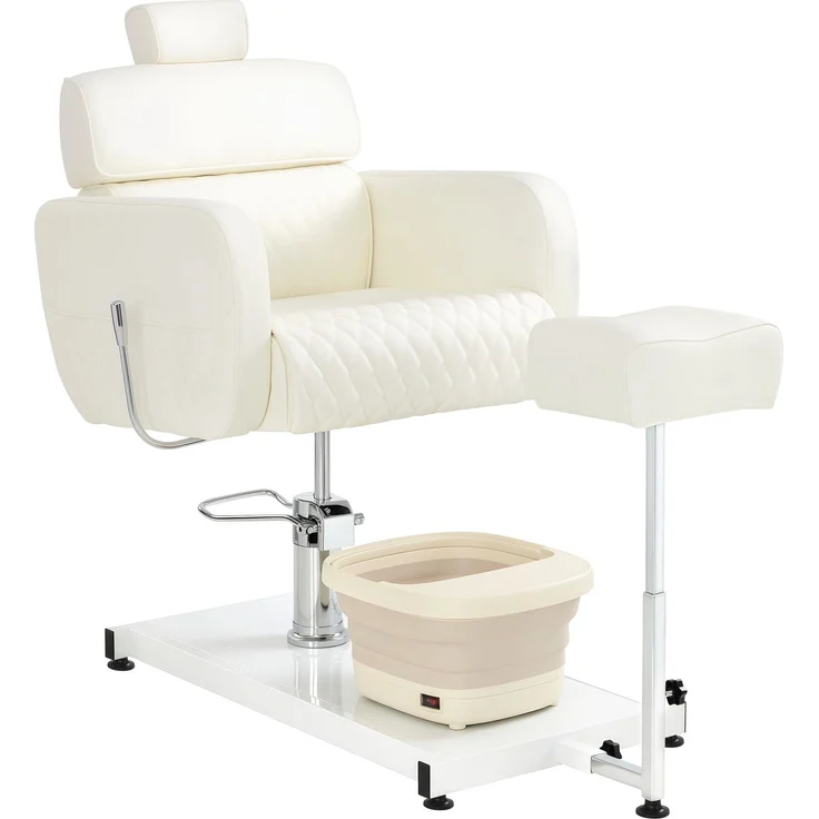 BarberPub Pediküre Stuhl mit Fußbadewanne & Pediküre Hocker, Friseurstuhl Höhenverstellbar & Kippbar, Rückenlehne & Kopfstütze Ausziehbar, Fußpflegestuhl für Nagelstudio F0380 (Weiß) – Bild 1