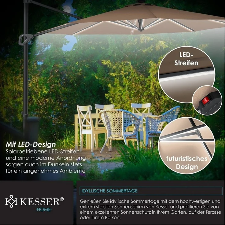 KESSER® Sonnenschirm Ampelschirm SUN Rund XL Ø330 cm Inkl. Windschtzseile & Abdeckung 7-Fach Verstellbar Drehbar Neigbar Kippbar Groß 360° Drehbar Gartenschirm mit Kurbel Sonnenschutz UV50+ Taupe, Mit LED – Bild 2