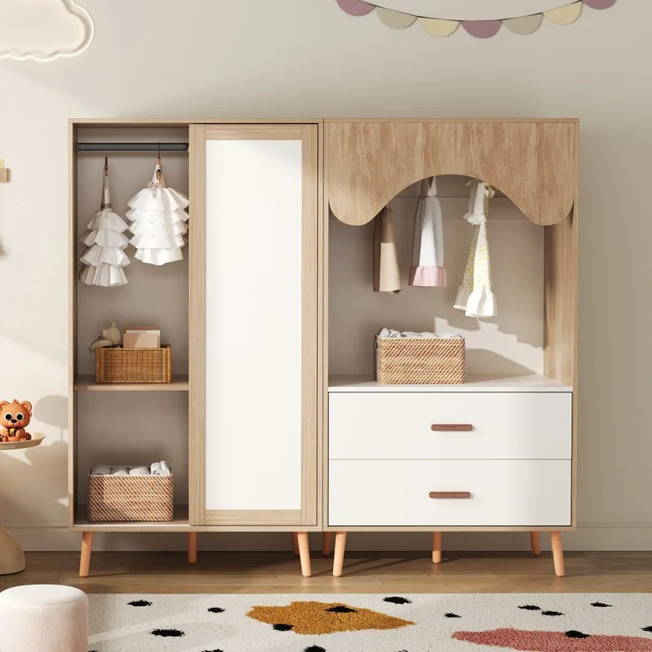 Merax Kindergarderobe, Schiebetürgarderobe + Offene Garderobe, Kombinationsgarderobe, Kinderzimmer-Set, Kombinationsmöbel, Weiß + Naturholz