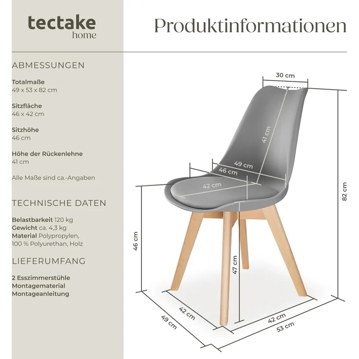 tectake Esszimmerstuhl Küchenstuhl Frederikke ergonomisch, mit Filzgleiter, 49x53x82 cm (Set, 4 St), Strapazierfähige Polsterung für großen Sitzkomfort – Bild 2