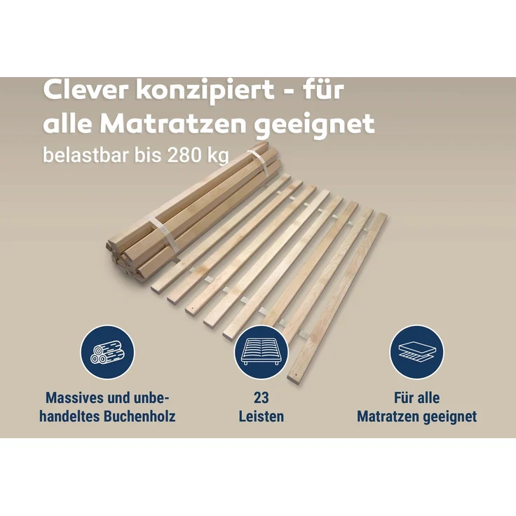Madera XXL –Rollrost mit 23 extra stabilen Leisten aus massivem Buchenholz, belastbar bis ca. 280 kg, Größe: 60x120 – Bild 2