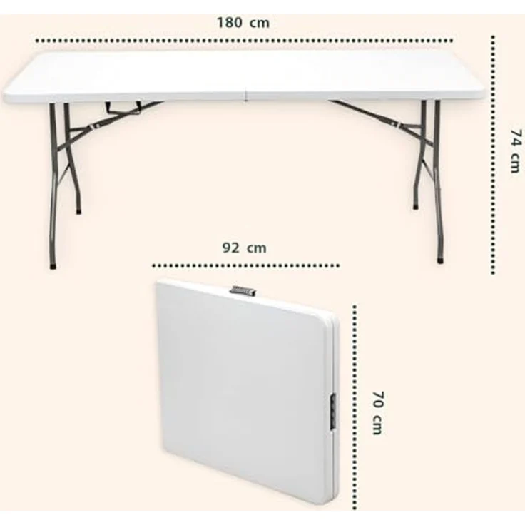 Avilia - Klappbarer Esstisch, platzsparend, für Küche und Wohnzimmer, zusammenklappbar und tragbar, mit Sicherheitsverriegelung, Oberfläche aus HDPE für 6 Personen, 180 x 70 x 74 cm, Weiß – Bild 2