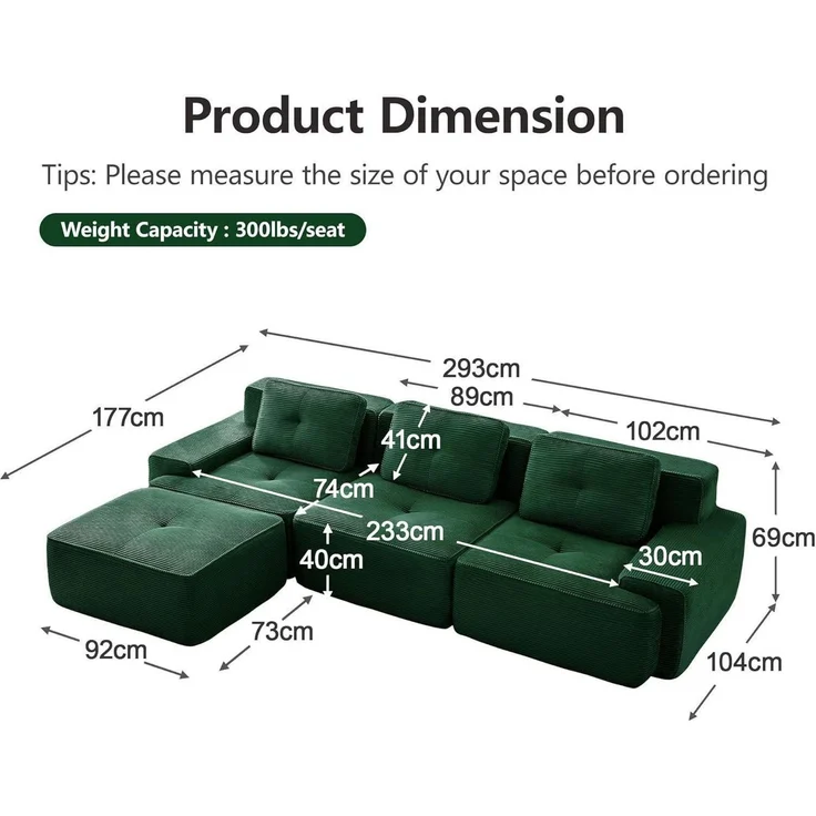 3 Sitzer Sofa modular Ecksofa Cord Grün 3-Sitzer-Sofa + 1 Hockern – Bild 2