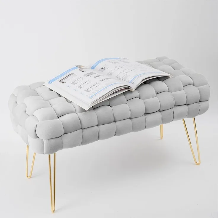 Zedelmaier Sitzhocker Samt-Hocker Quadratischer mit Metallbeinen Kissens D15,5cm Taburett, L38*B76*H41,5cm Goldene Beine,Hellgrau,Breite 76cm