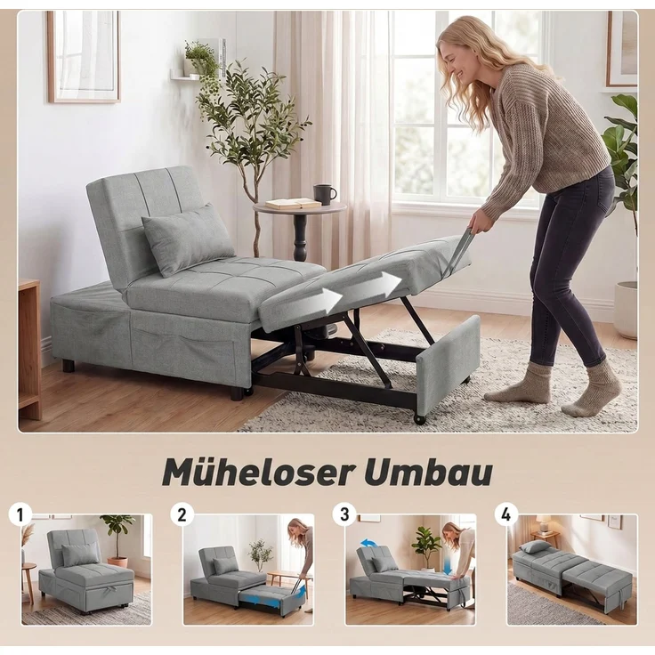 MELAYR, 4-in-1 Klappsessel mit Seitentasche, Gästebett mit Kissen, 104 x 65.5 x 81 cm, Hellgrau – Bild 6