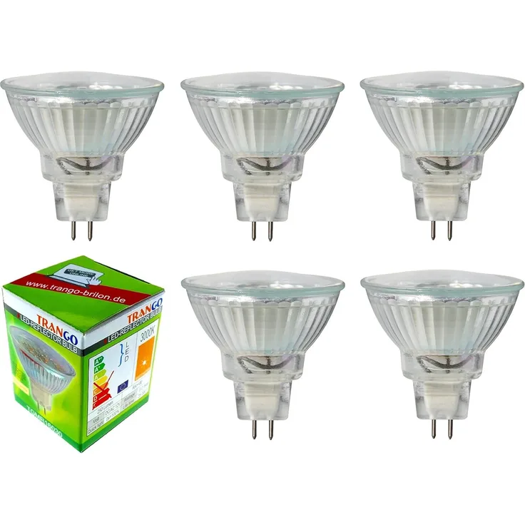 TRANGO LED-Leuchtmittel, 5er Set MR16030 LED Leuchtmittel mit MR16 Fassung zum Austausch von herkömmlichen Halogen Leuchtmittel MR16 I GU5.3 I G4 12 Volt 3000K warmweiß, 5 St, Glühlampe, Reflektor Lampe, LED Birnen