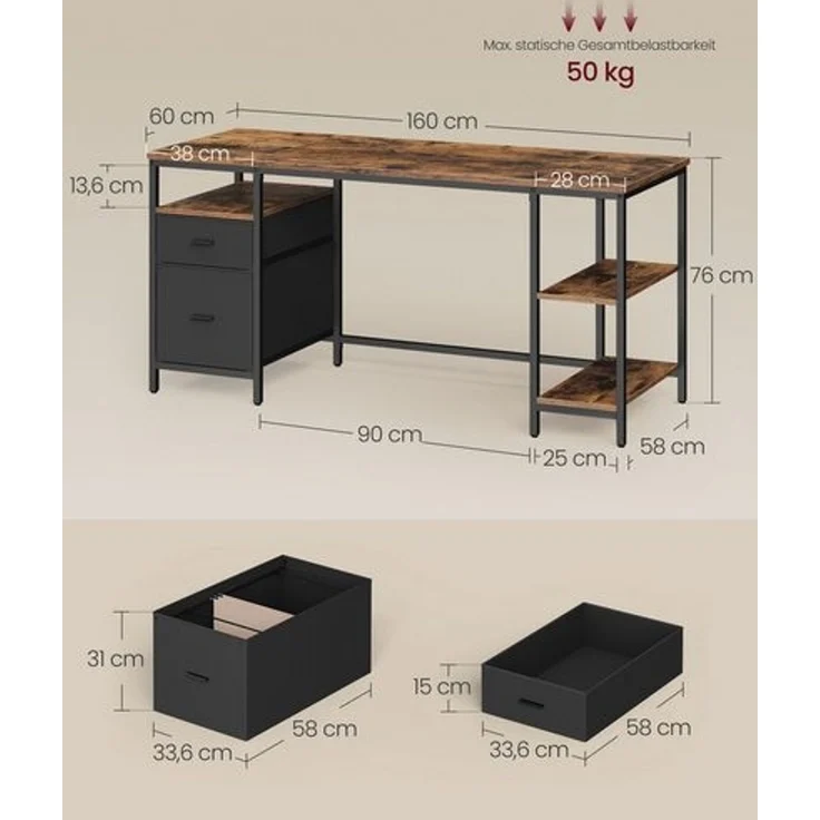 VASAGLE Computertisch, Bürotisch, Schreibtisch, mit 3 Ablagen, 2 Schubladen, 60 x 160 x 76 cm, fürs Büro, Wohnzimmer, moderner Stil, vintagebraun-schwarz – Bild 5