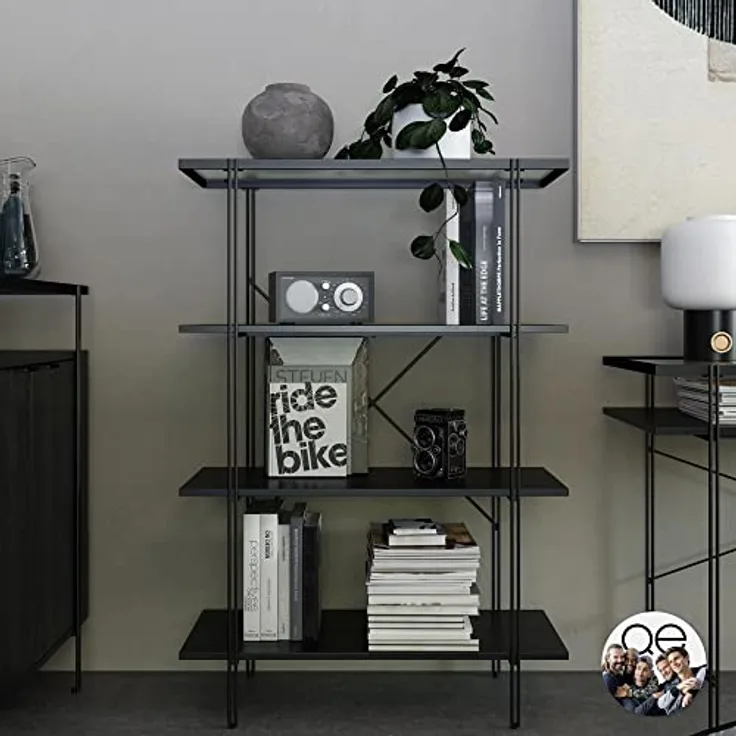 DHP Furniture Wainwright Bücherregal mit 4 Regalen, Schwarz/Eicheoptik, 79 x 35 x 117 cm, Holzwerstoff mit Metallrahmen, modernes Bücherregal für Wohnzimmer und Home Office