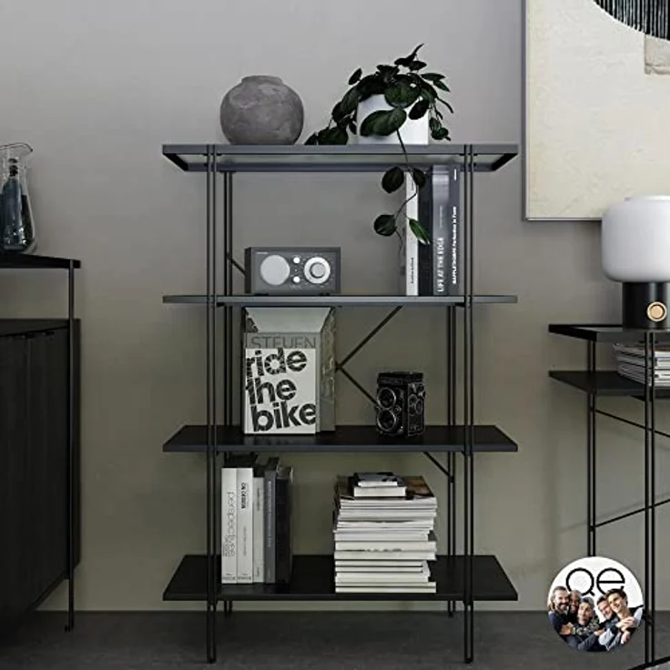 DHP Furniture Wainwright Bücherregal mit 4 Regalen, Schwarz/Eicheoptik, 79 x 35 x 117 cm, Holzwerstoff mit Metallrahmen, modernes Bücherregal für Wohnzimmer und Home Office – Bild 1