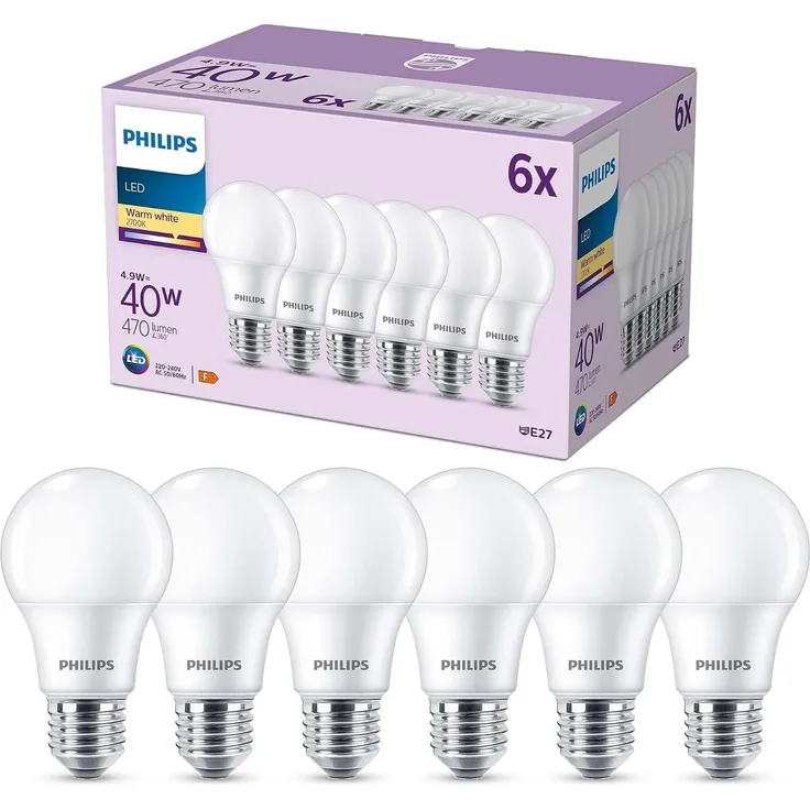 Philips Classic LED E27 Lampe, 40W, matt, warmweiß, nicht dimmbar, 6er Pack