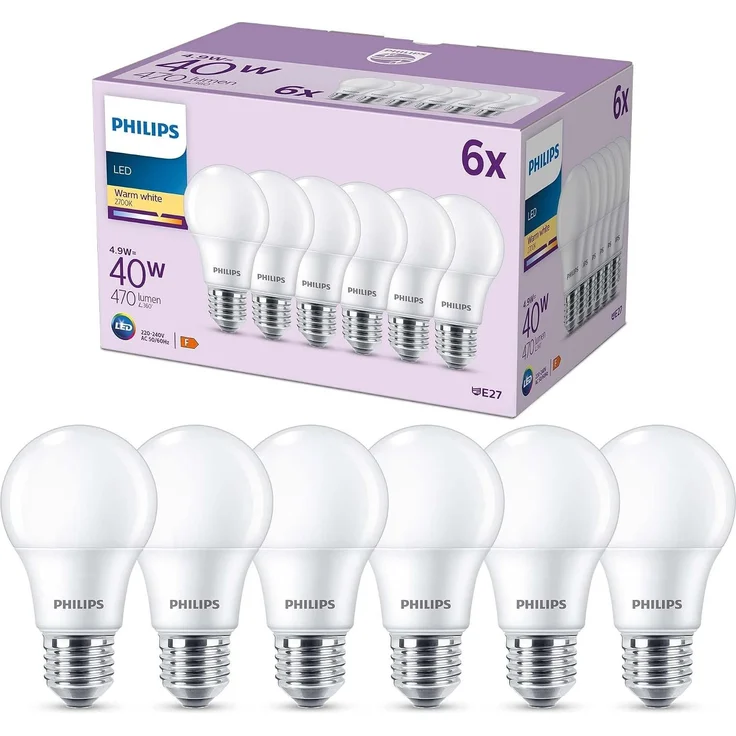 Philips Classic LED E27 Lampe, 40W, matt, warmweiß, nicht dimmbar, 6er Pack