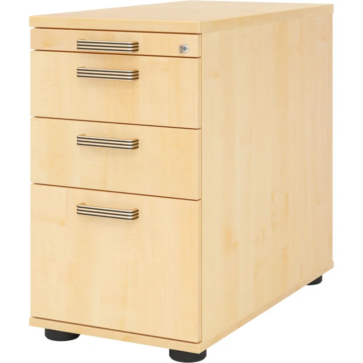 bümö Schreibtisch Schrank Büro mit Hängeregister für Hängeordner, Schubladenschrank Holz in Ahorn, Container mit Schubladen & Hängeregistratur - Schreibtisch Kommode mit Streifengriffe, SC40-3-3-SG