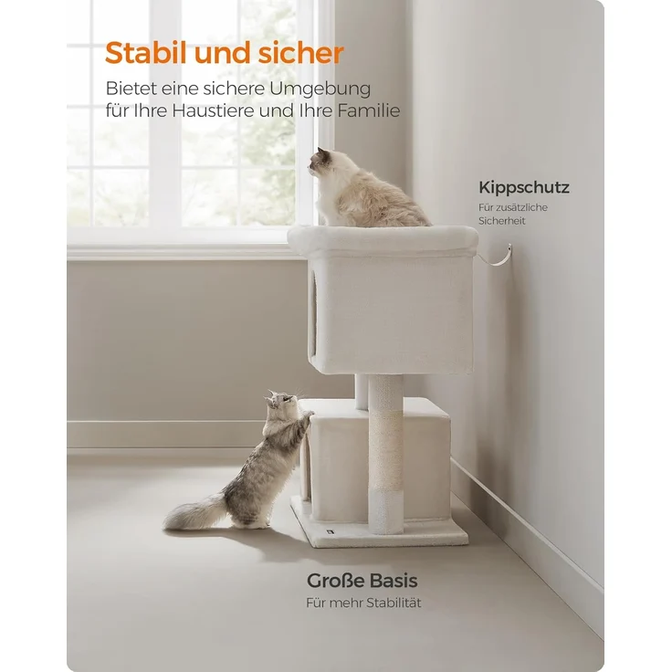 Feandrea Kratzbaum, 101 cm Katzenbaum, XL, Katzenhaus für extra große Katzen bis zu 20 kg, große Plattform, 2 Katzenhöhlen, Sisalstämme, cremeweiß PCT614T01 – Bild 8