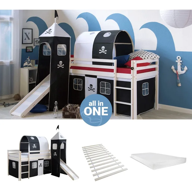 Hochbett mit Matratze 90x200 cm Turm Tunnel Rutsche Stockbett Kinderbett Leiter Holz Kiefer Vorhang schwarz Pirat Lattenrost
