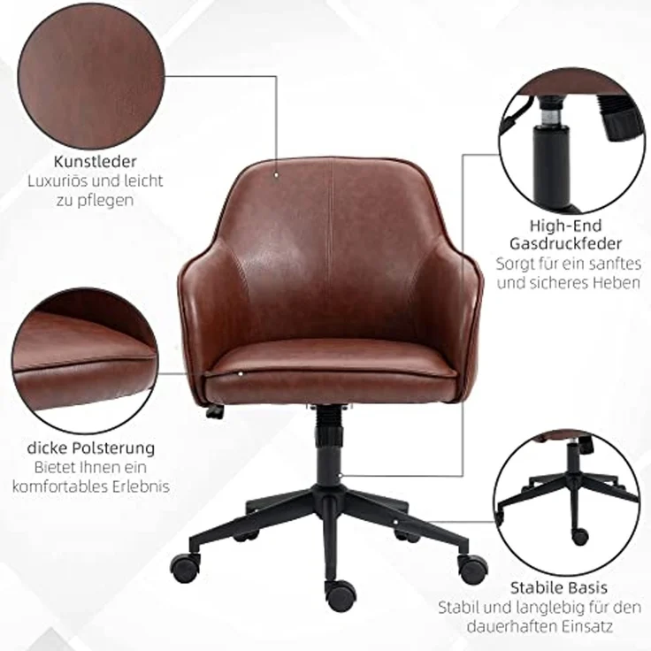 Vinsetto Bürostuhl Schreibtischstuhl mit Kunstlederoptik (Drehstuhl, 1 St), Braun 58,5 x 62 x 83-91 cm – Bild 7