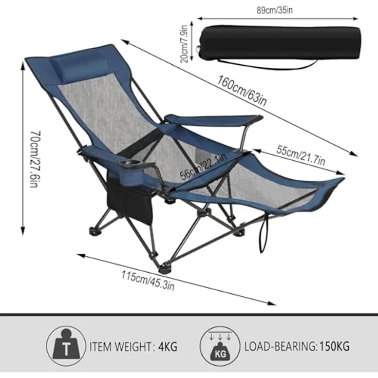 eSituro Campingstuhl klappbar, Angelstuhl faltbar, Klappstuhl mit Abnehmbarer Fußablage Getränkehalter Tragetasche, Strandstuhl mit Verstellbarer Rückenlehne, Campingliege Blau – Bild 4