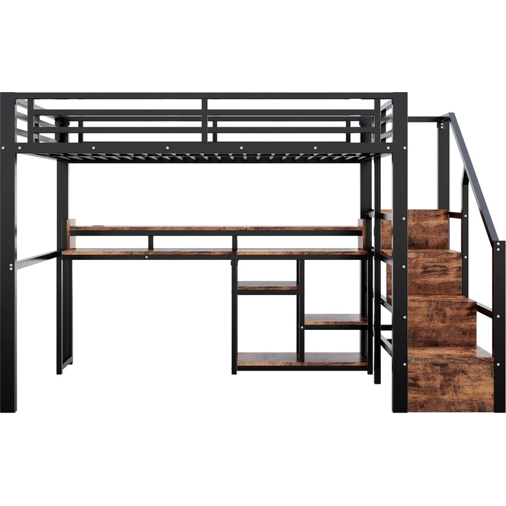 Hochbett, 140 x 200 cm, Metallbettgestell, Leiterschrank, Ablagefach, USB + Typ-C, LED-Lichtleiste, Ohne Matratze, Schwarz – Bild 10