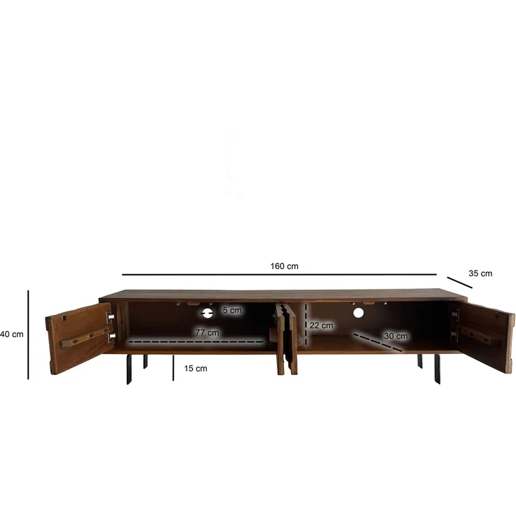FINEBUY Lowboard TV Board Massivholz 160 cm 3D Fronten & Metallbeine (vier Türen, 160x40x35 cm, Massivholz 3D-Fronten), TV-Schrank Modern Fernsehtisch, TV-Kommode Niedrig – Bild 3
