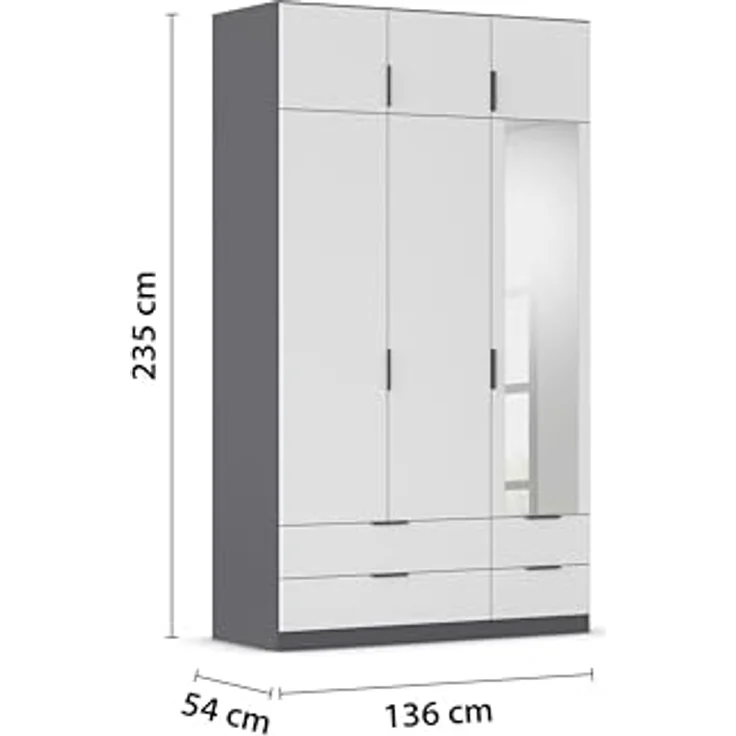 Rauch Möbel Lagoa, Kleiderschrank, Garderobe für Schlafzimmer, Kinderzimmer, Jugendzimmer 6-türig, mit Spiegel, 4 Schubladen, Farbe Weiß /Grau metallic, Schwarz, Breite 136 – Bild 4