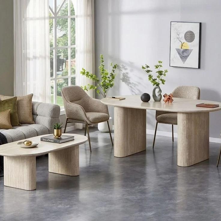 HOOZ Wohnzimmertisch Couchtisch & Esstisch oval Keramik Traventin-Optik 130x70cm/180x90cm (Set, 1× Esstisch, 1× Couchtisch), Keramik-Tischplatte, verschiedene Varianten, pflegeleicht & stabil – Bild 2
