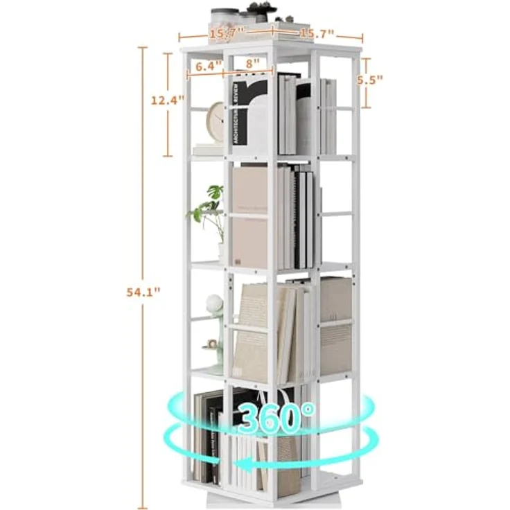 GarveeHome 5-Etagen-Drehregal Mit 360° Rotation | Schmaler Bücherturm Mit Metallschienen Für Wohnzimmer, Büro & Wohnung (40x40x137 cm) – Bild 3