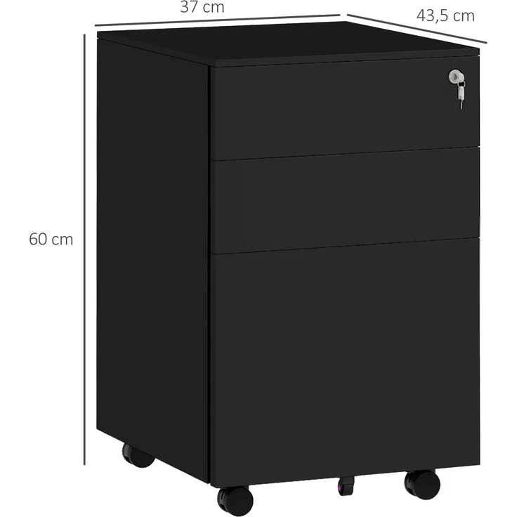 Aktenschrank aus Stahl, abschließbar mit 3 Schubladen & Rollen, 37x43,5x60 cm, Schwarz – Bild 3