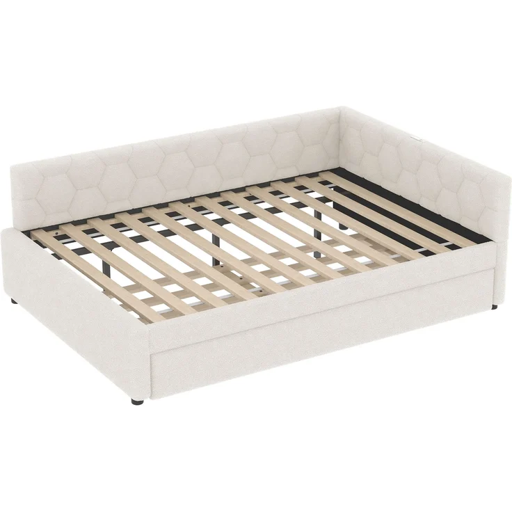 Daybett, 140*200cm Tagesbett, Schlafsofa, Bett mit Lattenrost (ohne Matratze), mit Nachttischlampe, mit multifunktionalem Ausziehbett, USB-Anschluss, Typ-C, Komfortmaterial, Vliesimitat, Weiß – Bild 10