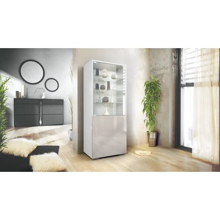 Vladon Standvitrine Granada (Vitrinenschrank, mit Glastür und Glaseinsatz) Weiß matt/Sandgrau Hochglanz (50 x 122,5 x 34,5 cm)