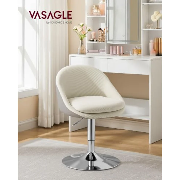 VASAGLE Schminkstuhl, Höhenverstellbarer Drehstuhl, mit Rückenlehne, Cord | Stuhl für Schminktisch, 360° Drehbar, für Esszimmer und Wohnzimmer, Hellmokkafarben, Lenna Kollektion LJB100L101 – Bild 2