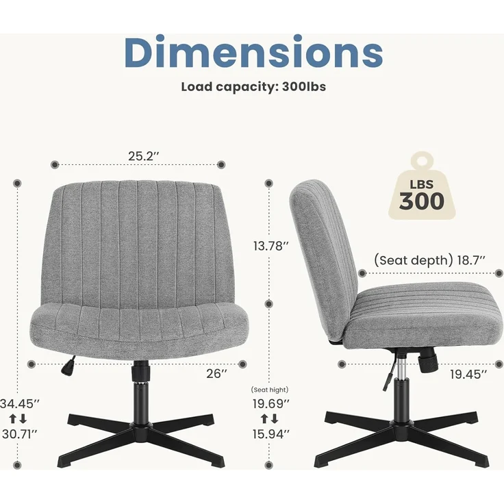 DUMOS Cross Legged Bürostuhl, Armloser Breiter Schreibtischstuhl Keine Räder, Moderner Home Office Schreibtisch Stuhl Swivel Verstellbarer Stoff Eitelkeit Stuhl – Bild 2
