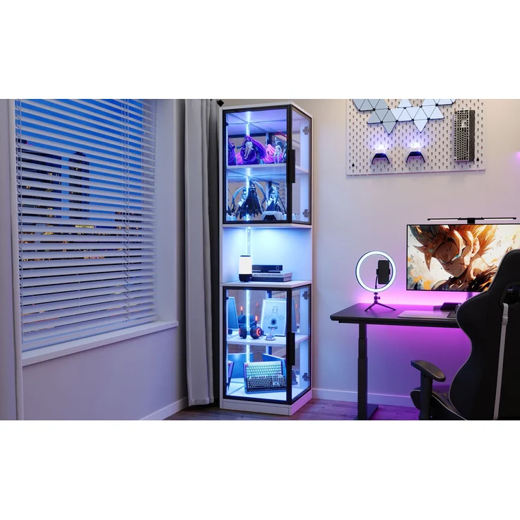 ZUBALIYA 205cm hoher LED-Vitrinenschrank mit doppelten Glastüren und verspiegelter Rückwand, mit farbwechselnder Beleuchtung und Kippschutzvorrichtung–elegant, vollständig transparent–Weinschrank, Bücherregal, Weiß – Bild 14