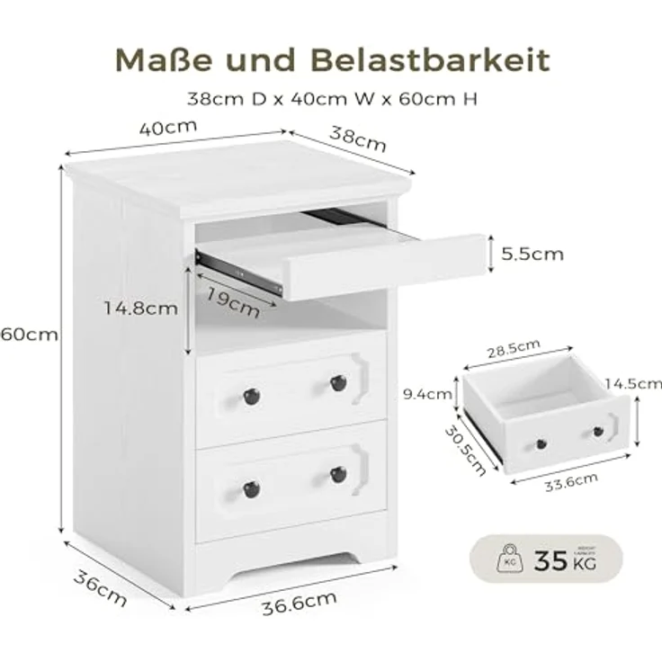 IRONCK Nachttisch 2er Set, Moderne Nachtkonsole mit 2 Schubladen, Offenem Fach, Beistelltisch mit Herausziehbarer Ablage, Holz-Nachttisch für Schlafzimmer, Wohnzimmer, Weiß – Bild 2
