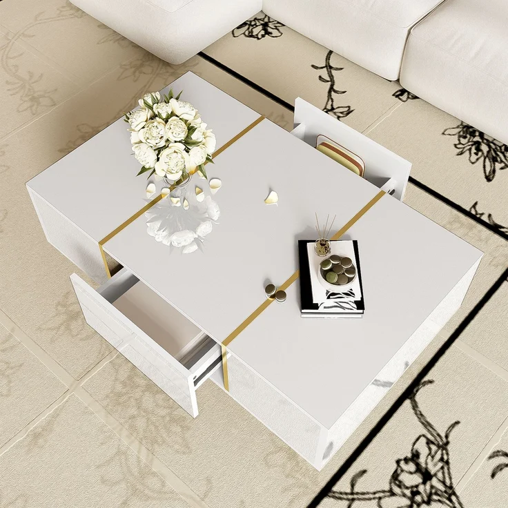 Couchtisch 100 x 60 x 41,5 cm, mit Schubladen, aus MDF, als Ablage für Getränke und Bücher im Wohnzimmer, Weiß – Bild 3