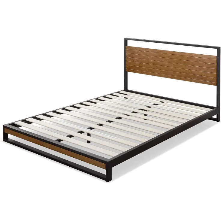 Zinus Plattform aus Metall und Holz mit Kopfteil, Schwarz, 140x190 cm