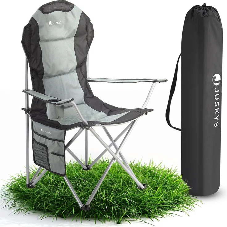 Juskys Campingstuhl Lido mit Getränkehalter & Tasche - Camping Klappstuhl gepolstert - Faltstuhl Angelstuhl Strandstuhl Chair - Stuhl Grau