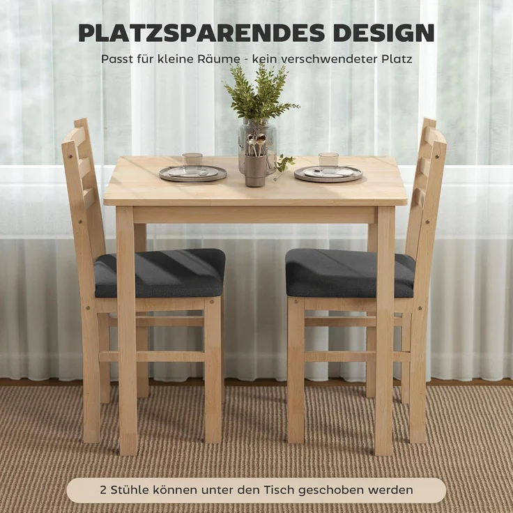 HOMCOM Essgruppe Esstisch mit 2 Stühlen Platzsparend Esszimmergruppe, (Sitzgruppe, 3-tlg, Küchentisch mit gepolsterten Essstühlen), für kleine Raum, Esszimmer, Küche, Naturholz – Bild 5