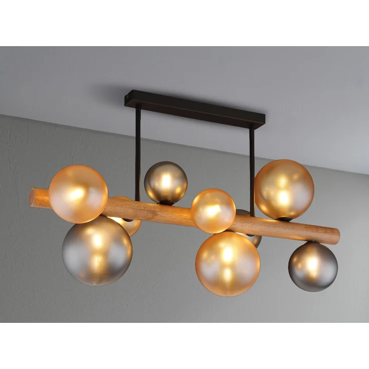 LED Deckenleuchte aus Holz 9-flammig Glaskugeln Rauchglas & Bernstein, B: 78cm – Bild 3