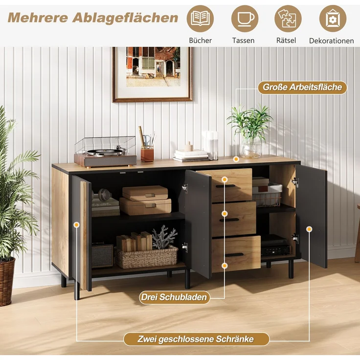 Merax Sideboard 140 x 35 x 70 cm aus MDF, Kommode mit 3 Türen und 3 Schubladen, Beistellschrank, Schrank mit 6 stabilen Metallbeinen, Schwarz + Naturholzfarbe – Bild 5