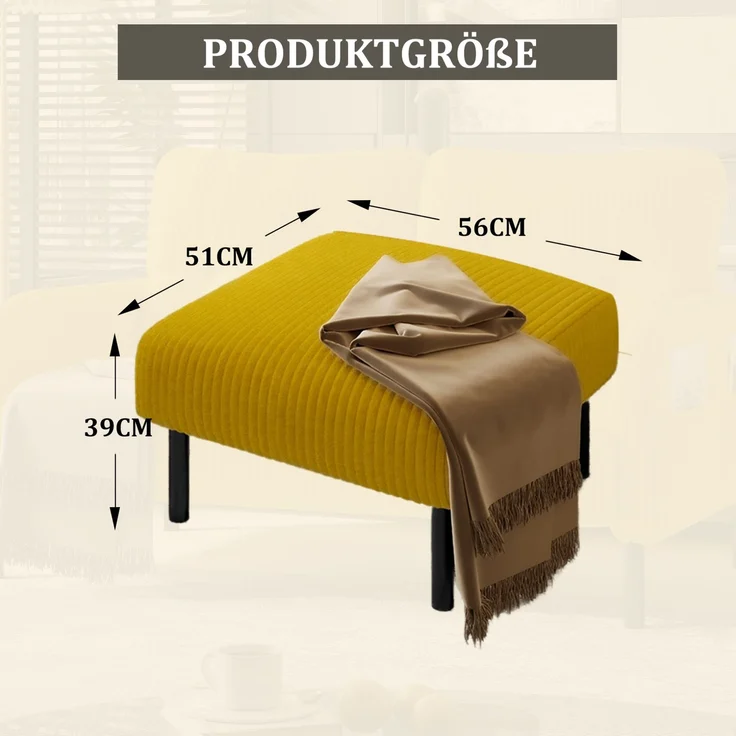 Fußhocker aus Cord mit Polsterung und Metallgestell, 56x51x39 cm, Gelb – Bild 5